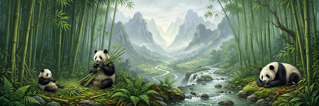 Bamboo Hollow mini scene panel — misty bamboo forest with giant pandas in soft dappled light