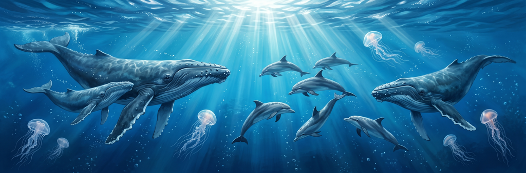 Deep Blue ocean whales mural