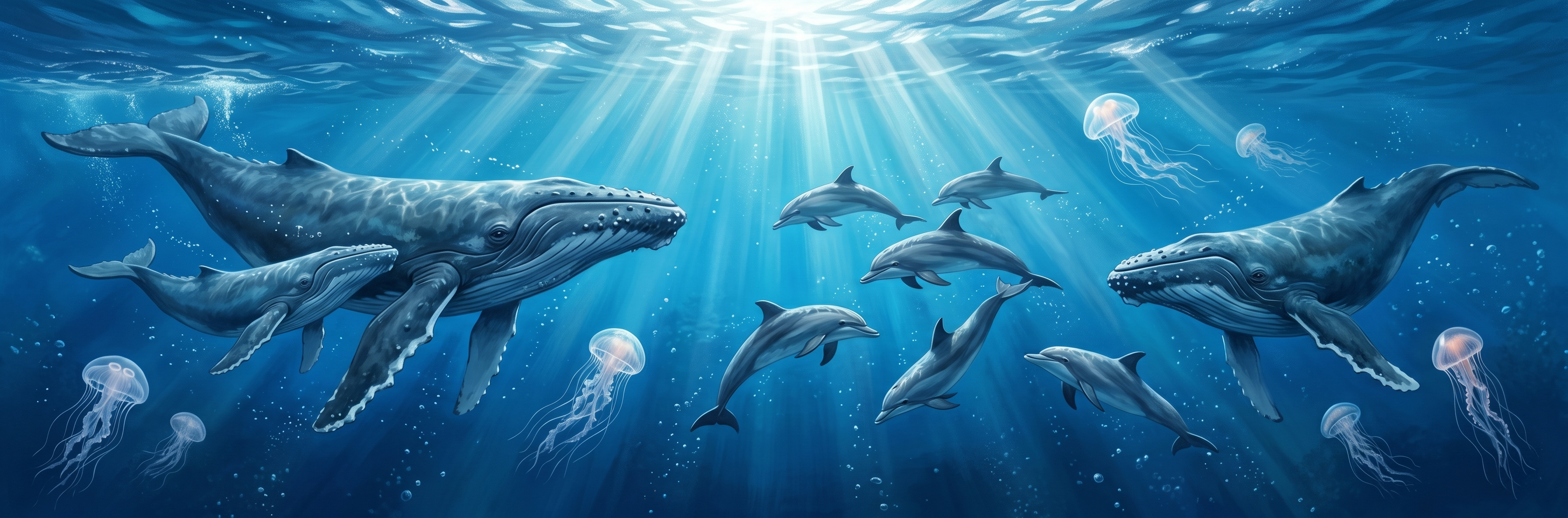 Deep Blue ocean whales mural