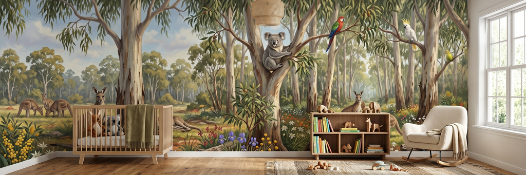 Gumnut Gully mural in a room