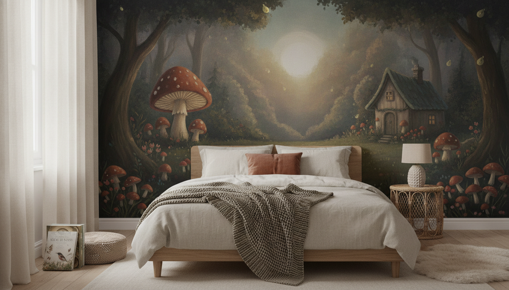 Mushroom Hollow mural in a room