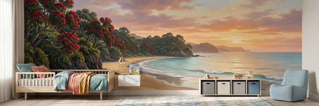 Pohutukawa Coast mural in a room