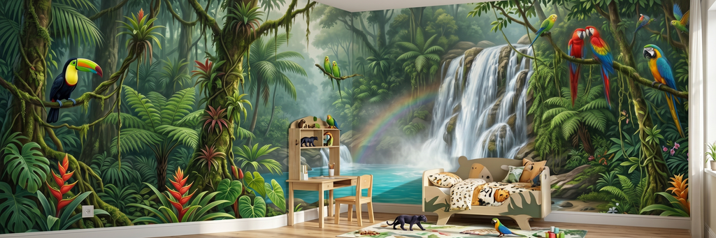 Rainforest Falls mural in a room
